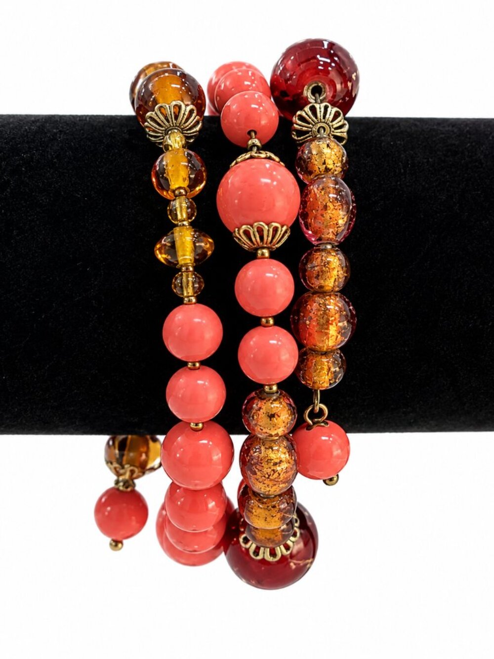 Vintage Retro Amber & Salmon Pink 3-Wrap Memory Wire Bead Bracelet